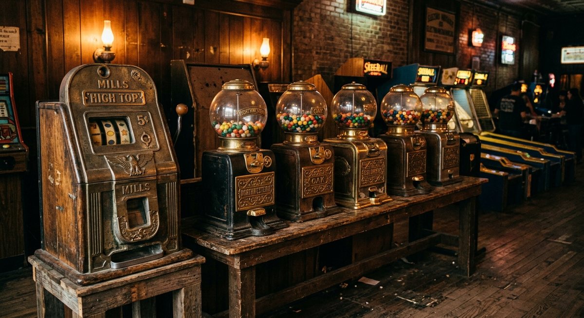 Mesin penjual permen karet antik berdiri di samping kabinet slot kayu klasik dengan lampu hangat