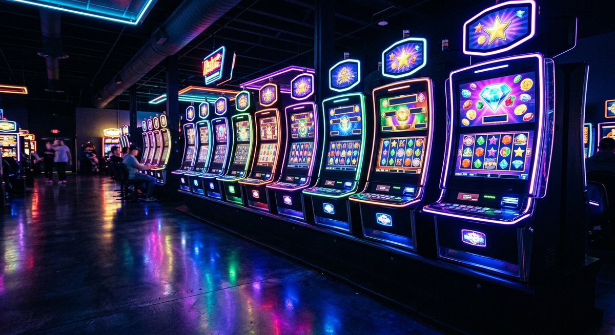 Barisan kabinet slot video modern menyala warna-warni di ruang arkade gelap